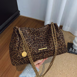 Pbong  Vintage Leopard Print Chain Handbag Shoulder Bag, Soft Fabric Tote with Gold Tone Strap Stylish Crossbody Purse for Women Daily
