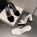 Pbong  Fashion Design Splicing PVC Transparent Open Toe Women Slippers Summer Square High Heels Party Slide Shoes