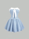 Pbong  Sweetra Women's Cute Off-Shoulder Bow-Tie A-Line Mini Dress, Sweet & Pure, Suitable For Birthday Party, Royal Blue