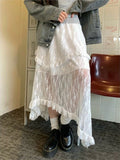 Irregular Lace Skirt Women Vintage Korean Y2K Streetwear Patchwork High Waist Loose Sheer Long Skirt Elegant Fairycore