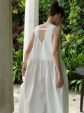 Pbong  French Style White Backless V-Neck Sleeveless Dress Summer Season Loose Waist A-Line Long Dress Backless Design Special Atmos...