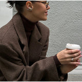 Brown Shoulder Pad Woolen Overcoat Women Elegant Lapel Single-breasted Long Sleeve Coat 2025 Autumn Lady Commuter Outerwear