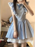 Pbong  Cute Sweet Blue Plaid Dress Women Elegant 3D Floral Flying Sleeve Mini Dress Japan Vintage Slim Kawaii Lace Patchwork Dress