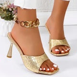 Pbong  Luxury Gold Silver High Heels Sandals Women Slip On Square Toe Summer Slippers Woman Plus Size 43 Thin Heeled Party Shoes