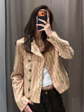 Pbong  Jacquard Stripe Floral Jacket Ruffle Collar Button Front Autumn Women Vintage Sweet  Fashion Outfit Date Trendy Outerwear