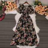 Pbong  Romantic Floral Print Chiffon Maxi Dress Women Sexy V-neck Backless Beach Vestidos Elegant Elastic Waist Party Dress