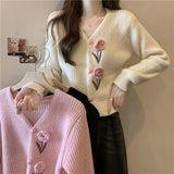 Flower Applique Knit Cardigan Autumn Winter Women Cardigan Sweater Coats Long Sleeve Crop Knitted Jackets Cute Outfit