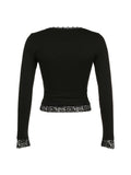 Lace Trim Square Collar Slim Long Sleeve Tee Black Solid Simple Basic Spring Autumn T Shirt Women Y2K Streetwear Tops