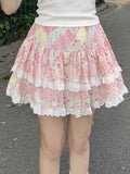 Pbong  Retro Floral Cute Skirts Women High Waist Sweet Japan Mini Skirt Casual Lace Patchwork Vintage Female Elegant Kawaii Skirt