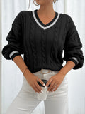 Striped trimmed twisted flower knitted shoulder sweater