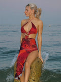 Metal Patchwork Sexy Backless Maxi Dress Women Butterfly Lace-Up Halter Irregular Hollow Splits Beach Party Vestidos
