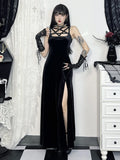 Mall Goth Velvet Dress Women Fairycore Grunge Elegant Punk Pentagram Hollow Out Sleeveless Halter Split Dress Partywear
