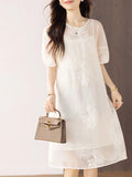 Pbong  Elegant White Lantern Sleeve Dress Women's Summer New Style Embroidery Heavy Work Long Dress Luxury Feel Straight Cut Skirt