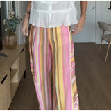 Pbong  Multicolor Striped Linen-Blend Wide Leg Pants High-Waisted Lightweight Spring Summer Chic Boho Women Vacation Casual Outfit