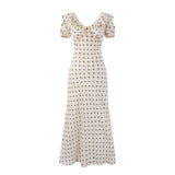 French Retro Polka Dot Print Long Dress Sweet Chic V-neck Summer Women Dress Short Sleeve High Waist Elegant Lady Dresses 2025