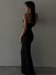 Sexy Solid Lace See Through Women Sling Dresses Fashion Sleeveless Backless Maxi Dress Summer Female Party Club Vestidos