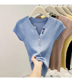 Summer V-Neck Short Sleeve Thin Tshirts Women Pastel Colored Button Knitted T-Shirts Teen-girl Stretch Fitted Tees Y2K Clothing