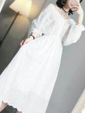 Pbong  Korean Elastic Waist Woman Dress V Neck  Embroidery Sweet Bandage Temperament Dresses Vintage Robe Femme