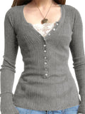 Women Button Front Knit Tops Long Sleeve Lace Patchwork Slim Fit Sweater Fall Fairy Grunge Gothic Y2K Clothes