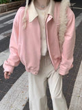 Pink Faux Suede Jacket Women Sweet Long Sleeve Vintage Streetwear Baseball Coat Fall Casual Retro American Y2K Lady Outwear