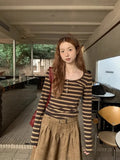 Slim Y2K Striped T Shirt Women Streetwear American Long Sleeve Retro Tees Fall Sexy U Neck Female Harajuku Vintage Tops New