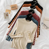 Gold Button Pullovers Sweater Women Long Mock Neck Fitted Knit Top Soft Jumper Streetwear Sweater Fall Winter Layered Outfit