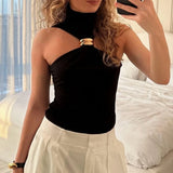 Maemukilabe Stylish Ring Design Halter Tops Women Fashion Shirt Vest Sexy Bare Shoulder Crop Tops Ladies Slim Fit Tank Tops