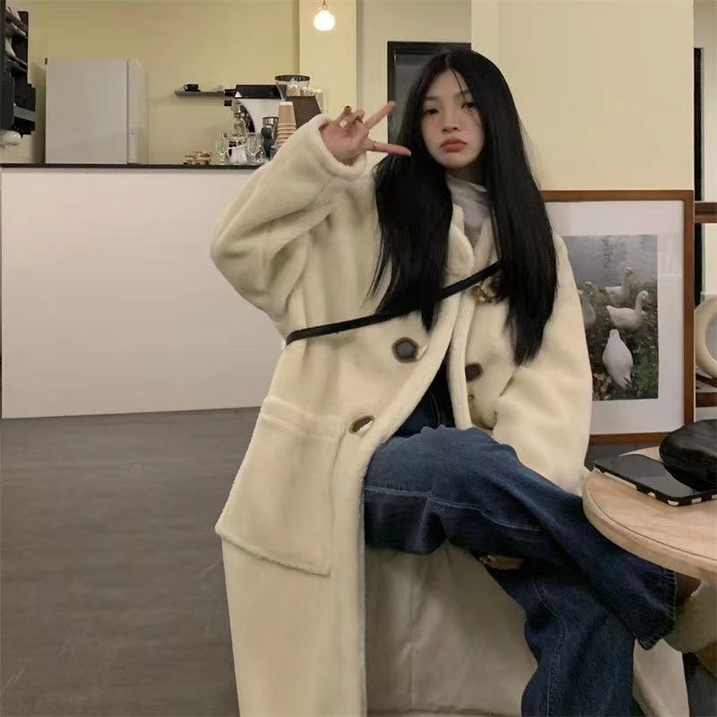 Lamb Wool Coat Women's Knee Over Mid Length Autumn/Winter New Cowhorn Button Japanese Loose Cotton Coats for Women