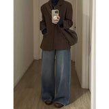 Retro Faux Woolen Blazer Coat Women Harajuku Long Sleeve Fall Winter Y2K Jacket Streetwear American Casual Lady Suit Coat