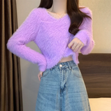 Fuzzy Knit Wrap Front Top Women Long Sleeve Criss-Cross Fluffy Sweater Fitted Crop Top Pullover Ladies Autumn Winter Y2K Outfit