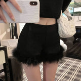 Pbong  Fall Hot Sale Of The Season New Black Feathers High Waist Slim A- Line Shorts Women's Base Layer Boot Pants Low Waist Design Sen