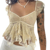 Fairy Coquette Tank Top y2k Women Sheer See Through V Neck Sleeveless Double Layered T Shirt Lace Vest Club Streetwear