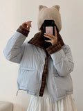 Winter Retro Puffy Parkas Women Warm Thick Plaid Patchwork Cute Coat Casual Preppy Style Korean Long Sleeve Cotton Jackets