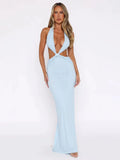 Women Sexy Hollow Out Deep V-neck Long Dress Fashion Solid Pleated Backless Lace-up Maxi Dresses Summer Vocation Beach Vestidos