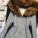 Lunivop  Women's Retro Fur Collar Hoodie Women Clothing Design Autumn and Winter Short Fit Slim Fit and Slimming Jacket Hooded Sweatshirt