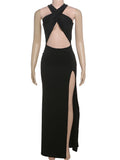 Sexy Irregular Hollow Cross Knot Maxi Dress Women Backless Skinny High Splits Midnight Prom Party Temperament Outfits