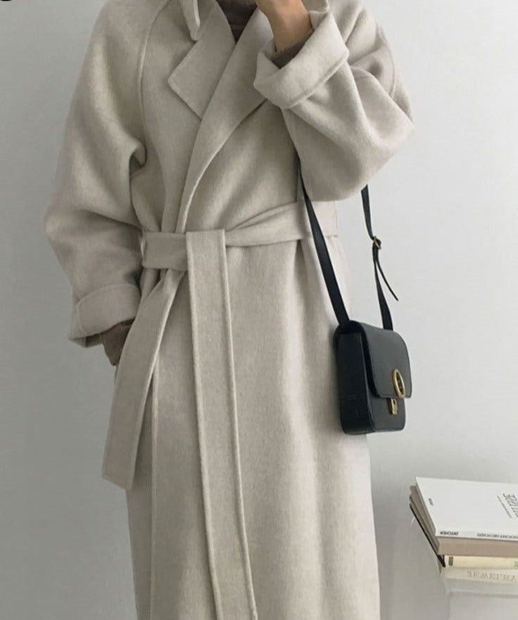 French Lazy Style Warm Female Fresh Winter Classical Belt Retro Loose Women Woolen Coats Chic Casual Long Coat Long