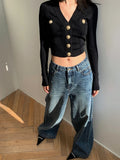 Gold Button Front Knit Cardigan Women Long Sleeve Crop Sweater Jacket Fitted Top Teen-girl Fall Winter Vintage 90s Outfit