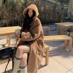 Lamb Wool Coat Women's Knee Over Mid Length Autumn/Winter New Cowhorn Button Japanese Loose Cotton Coats for Women