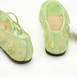 Pbong  Green Embroidered Mesh Ballet Flats for Women Square Toe Elastic Band Slip on Mary Janes Shoes Ladies Casual Soft Summer Loafers