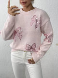 Autumn and Winter Women's Bead Embroidered Bow Sparkling Long Sleeve Hooded Knitted Sweater