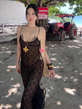 Fashion Sexy Lace Perspective Thin Suspender Long Dress Solid Color Ruffle Black Basic Women Dress Vacation 2025 Summer New