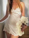 Pbong  White Cozy Homewear Lace Trim Polka Dot Mini Slip Dress for Women Slim Satin Fabric Nightgown for Pajama Parties