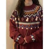 Pbong  Red Christmas Pattern Knitted Sweater Loose round Neck Pullover for Women Couples Matching American Retro College Style