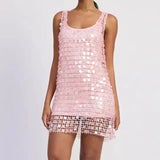Pbong  Women Sequin Mesh Mini Dress Sleeveless Tie-Back Layered Bodycon Short Dress Coquette Sparkly Party Nightclub Dress