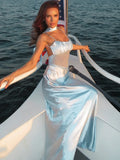 Scarf Collar Backless Sexy Maxi Dress Women Gown Light Blue Patchwork Off-shoulder Sleeveless Elegant Club Long Dress