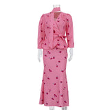 Pbong  Floral Print Midi Skirt And Top Set Women's Fashion Casual Style Long Sleeve Cardigan mid Summer Season Leisure Scenarios