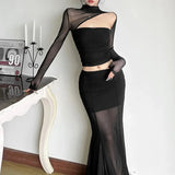 Pbong  Women Korean Fashion Sexy See Through Mesh Patchwork Basic T-shirt Office Lady Black Elegant Long Sleeve Slim Tops