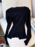 Black/White Solid Lettuce Trim Bowknot Pullover Sweater Y2K Casual Long Sleeve Sweater For Spring & Fall Women's Clothing