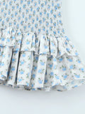 Pbong  Sexy White Blue Flower Print Corset Ruched Elastic Body Sling Mini Dress Woman Wood ears Square Collar Ruffles Hem Robe Holiday
